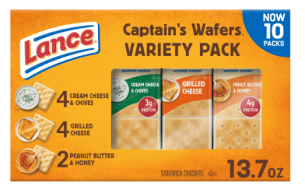 Lance Sandwich Crackers, Captain's Wafers, Variety Pack, 10 Individual Packs, 6 Sandwiches Each
